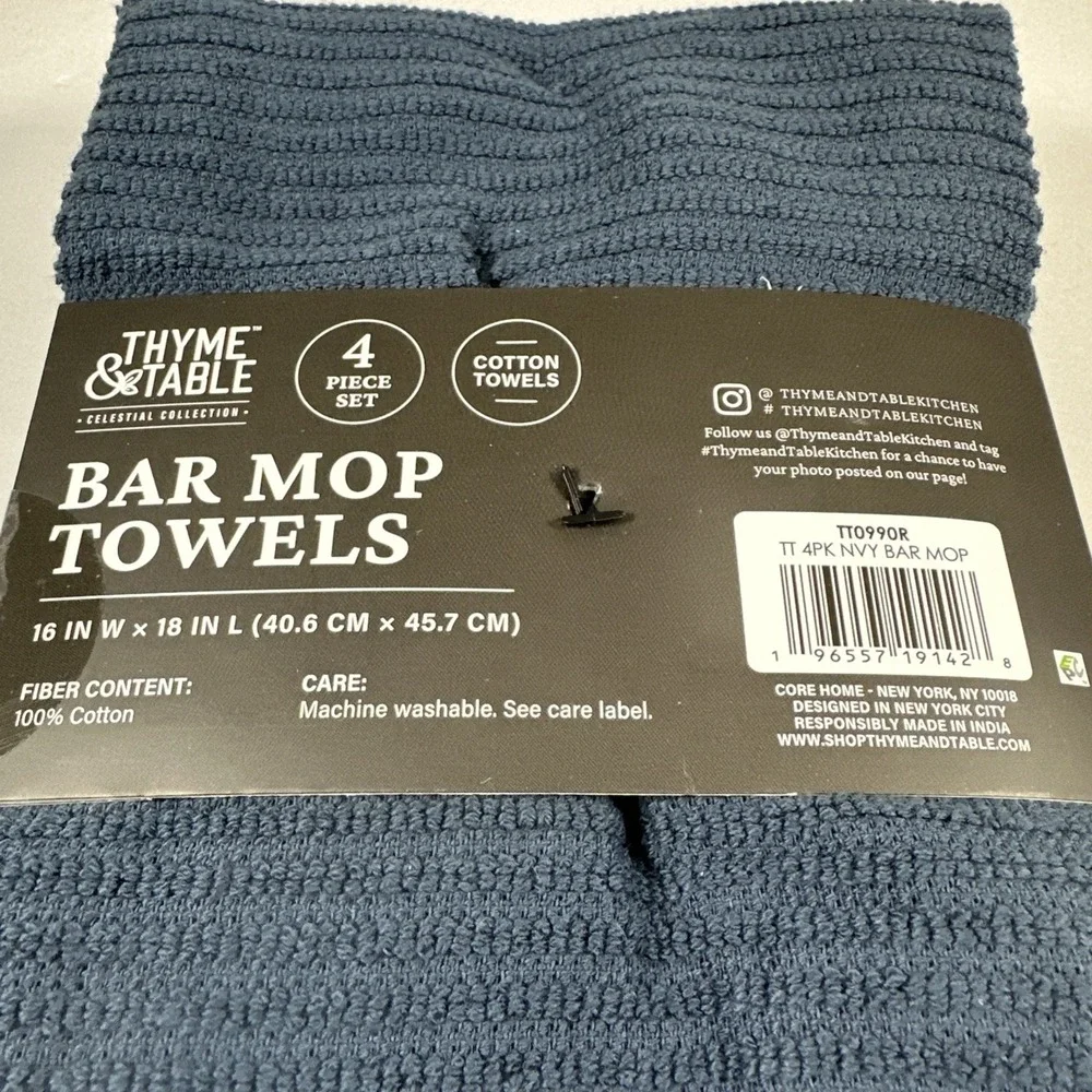 Thyme & Table Bar Mop Towels Navy 4 Pack Set Super Soft New